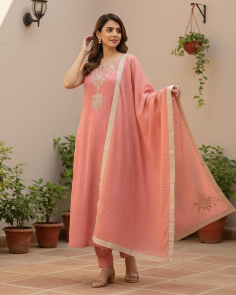 dusty pink cotton mix embroidered kurta set with dupatta
