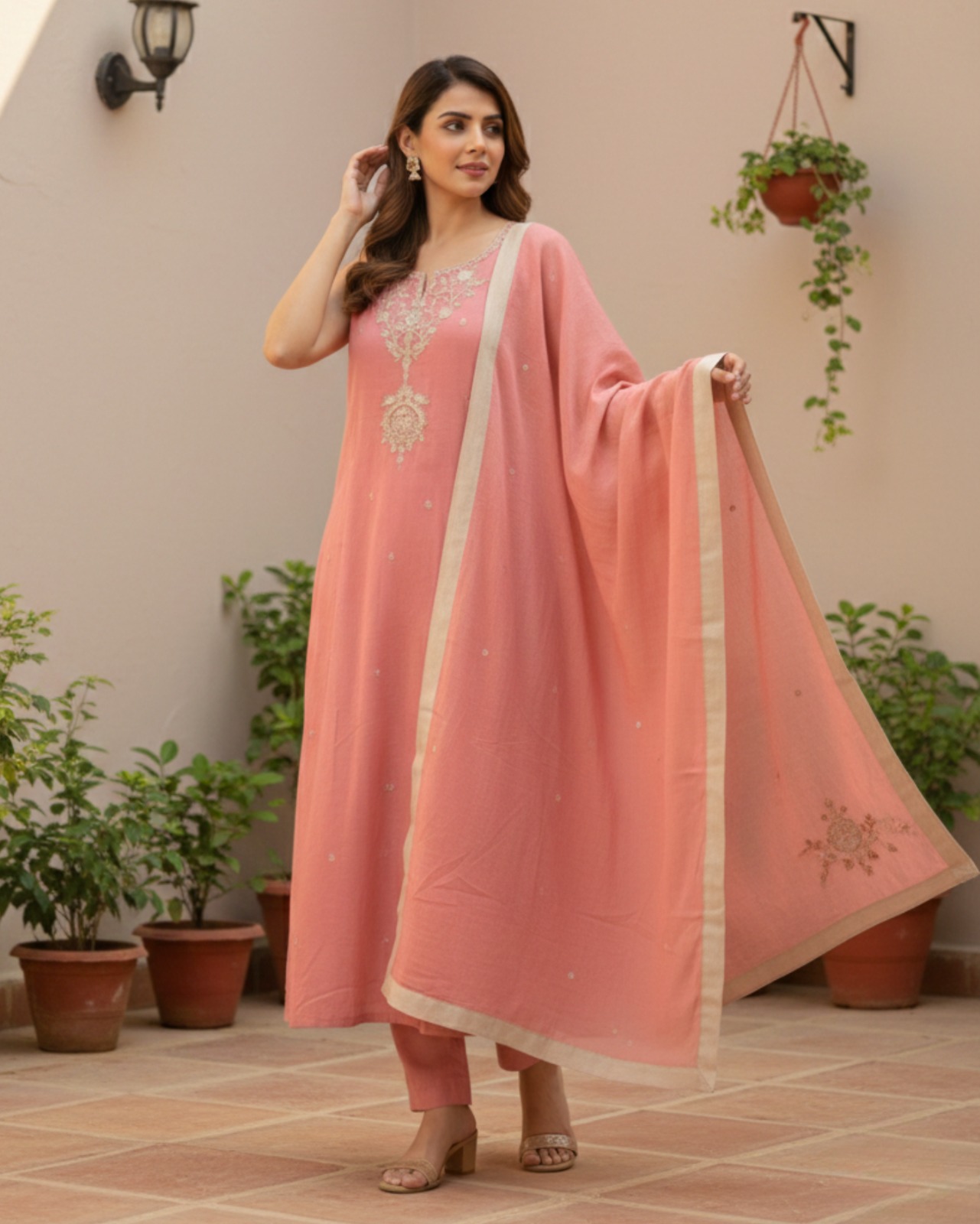 dusty pink cotton mix embroidered kurta set with dupatta