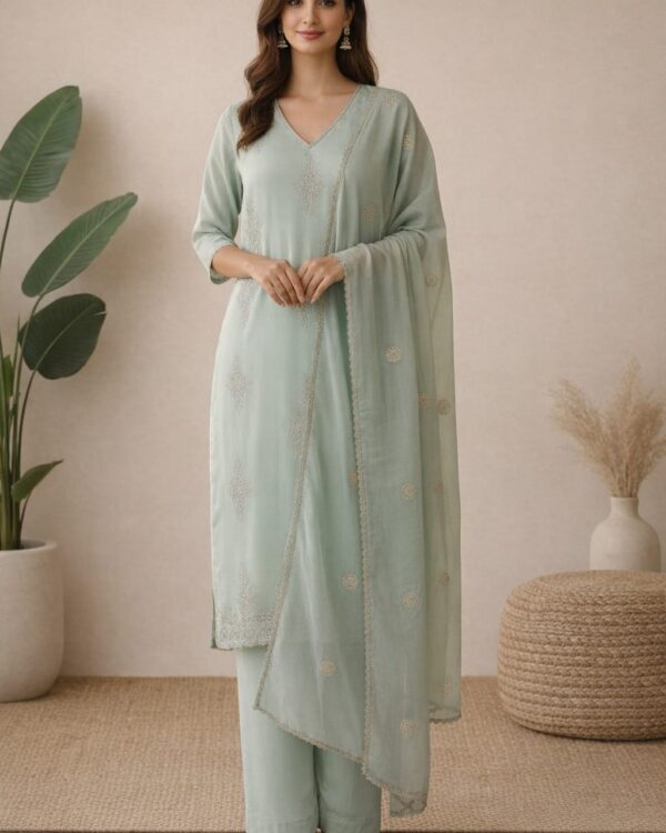 aqua green cotton mix kurta set with dupatta