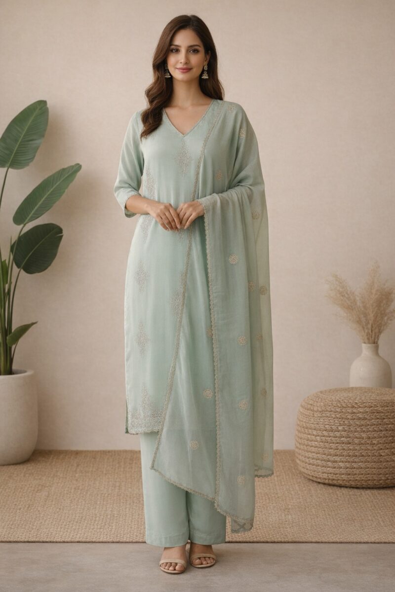 aqua green cotton mix kurta set with dupatta