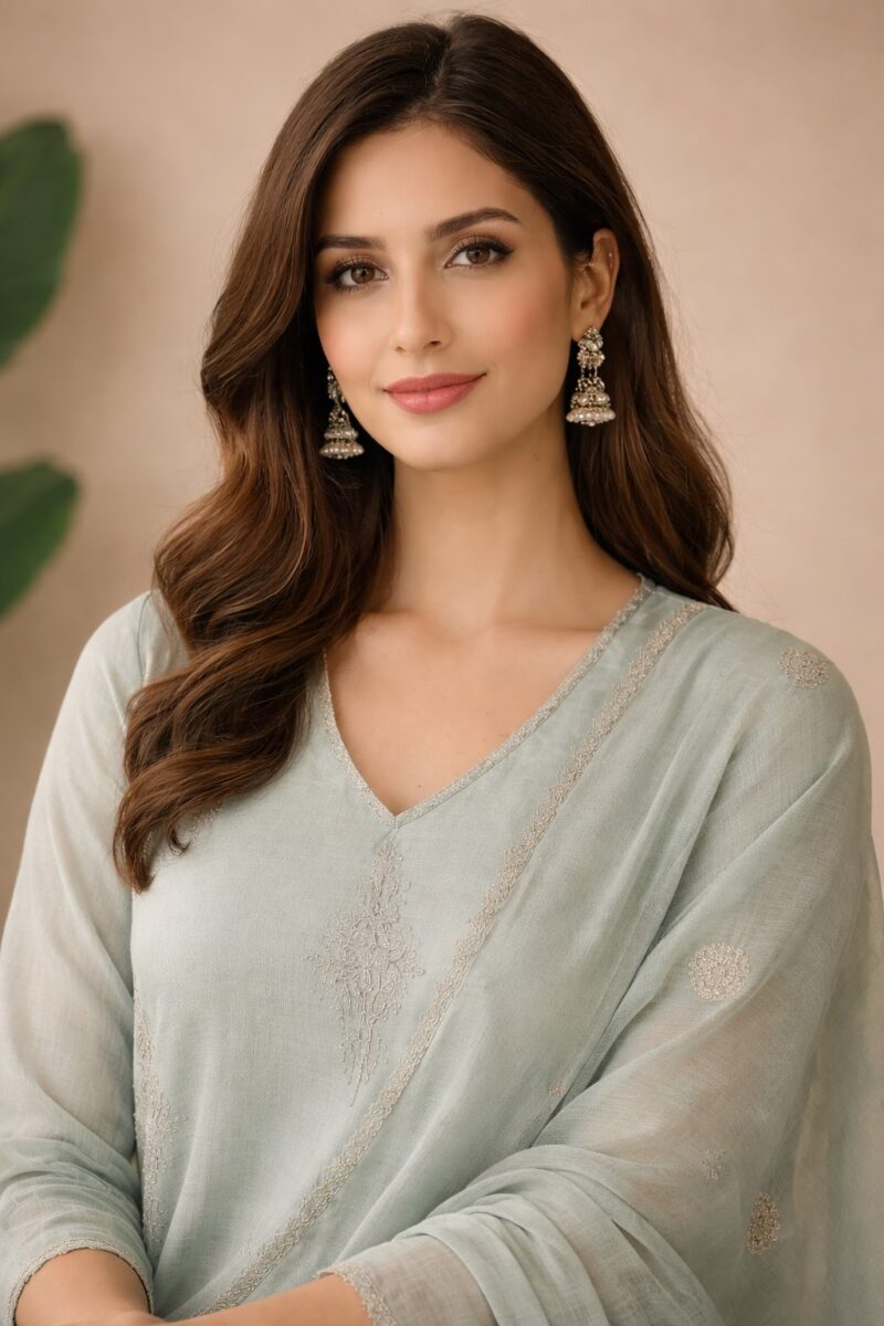 aqua green cotton mix kurta set with dupatta