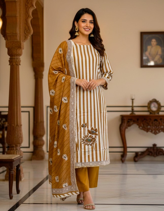 brown striped floral printed rayon kurta set with dupatta