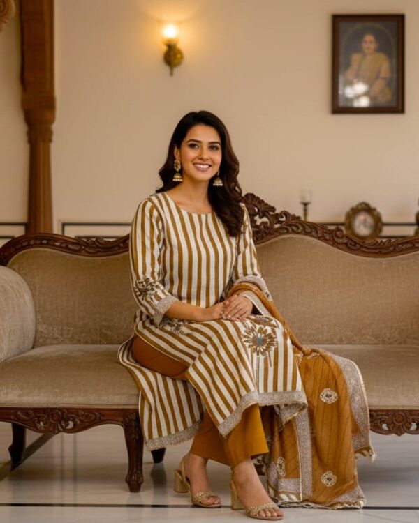 brown striped floral printed rayon kurta set with dupatta