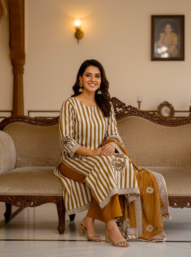 brown striped floral printed rayon kurta set with dupatta