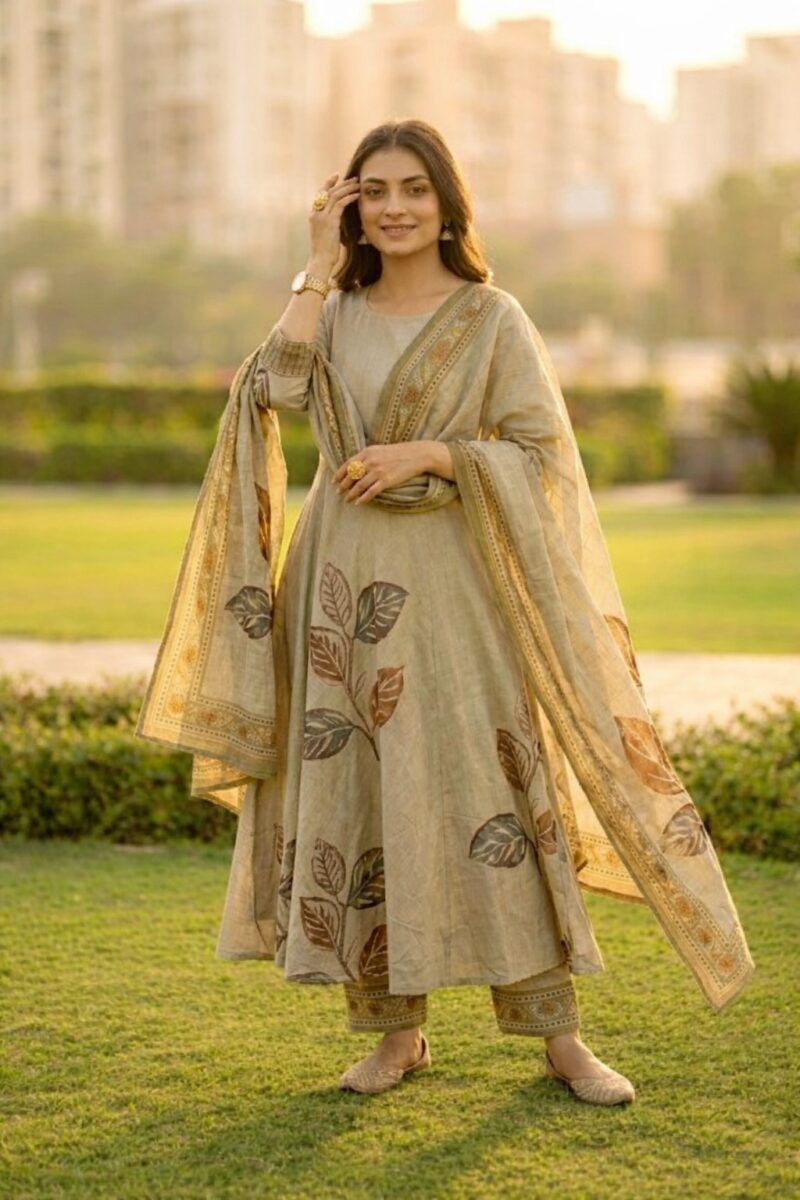 Leaf Motifs Sage Rayon kurta set with dupatta