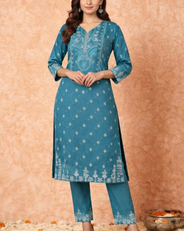 Teal Floral Printed Rayon Kurta Pant Set