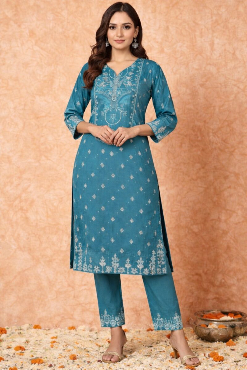 Teal Floral Printed Rayon Kurta Pant Set