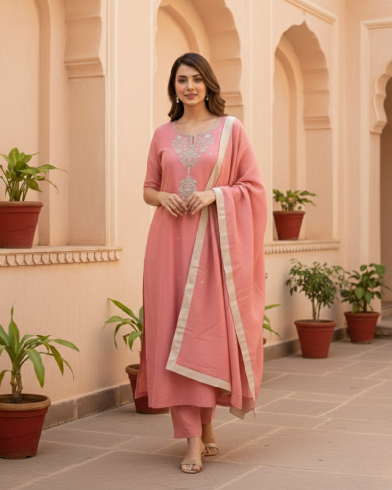 ivory cotton slub with vibrant embroidery