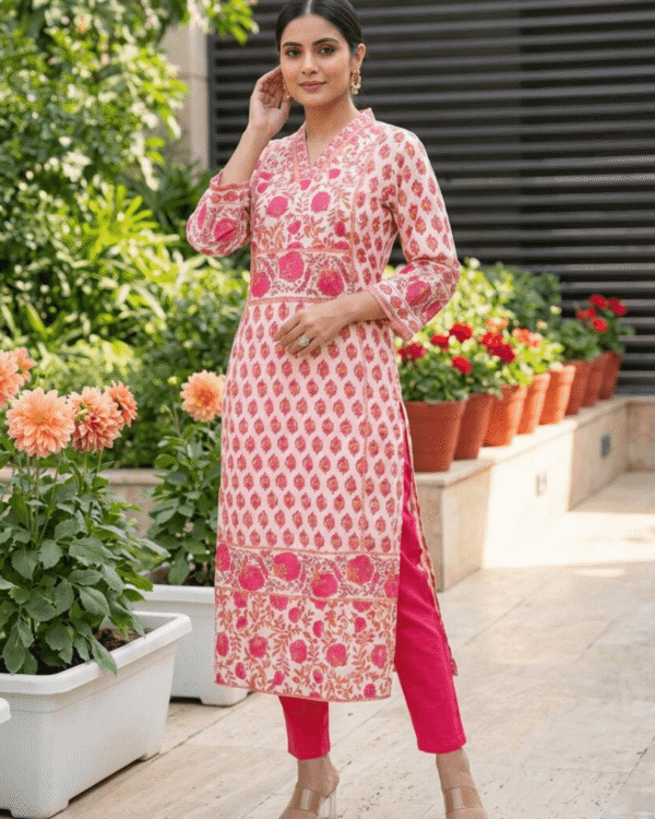 ivory with pink florals cotton kurta