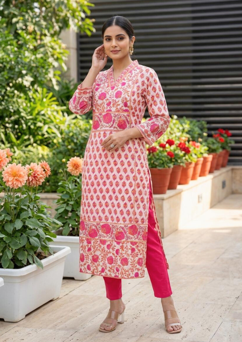 ivory with pink florals cotton kurta