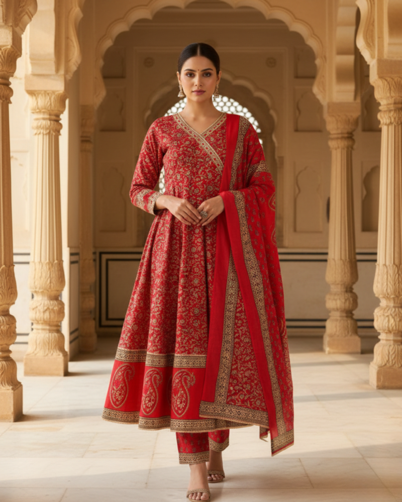 vibrant red cotton floral handblock sangneri angrakha style kurta set with dupatta