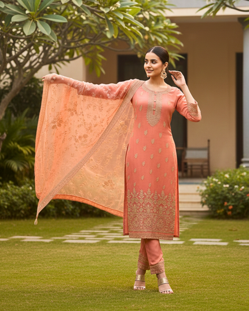 semi stitched sea green soft georgette suit with ivory sequin tree motifs