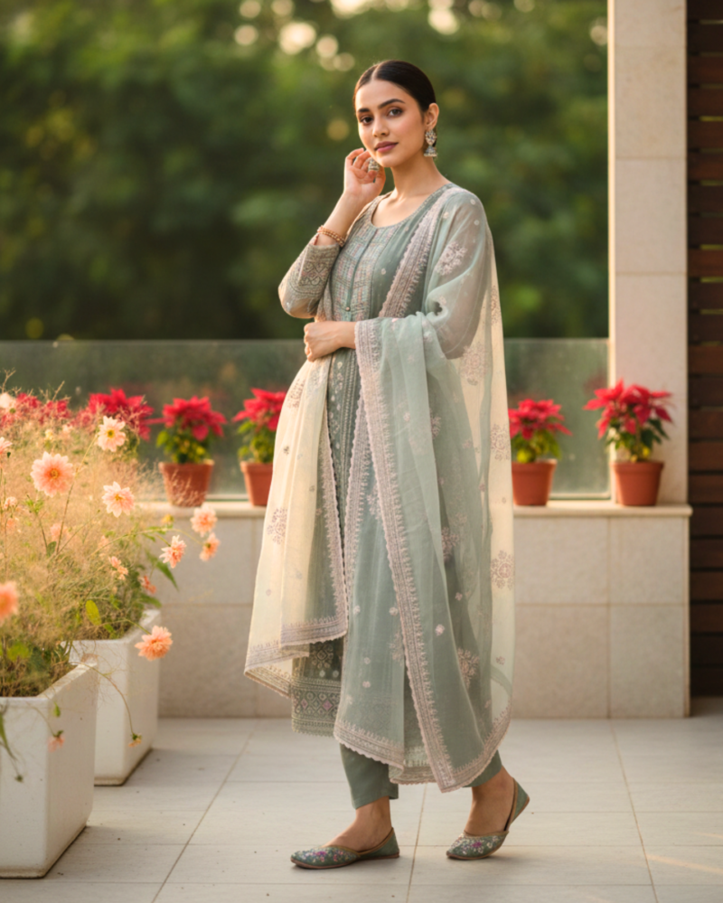 semi stitched plum purple organza suit featuring fine zari and sequin embroidery