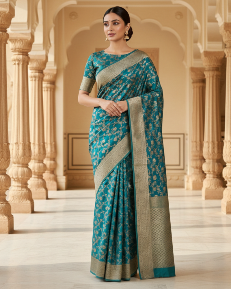 teal blue with silver–gold zari and paisley border banarasi silk saree