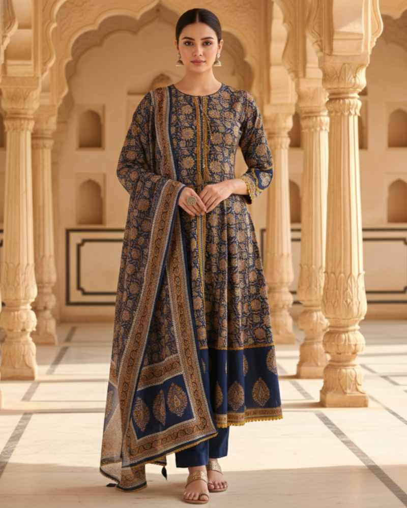 navy and mustard floral handblock sangneri cotton kurta set with lightweight dupatta