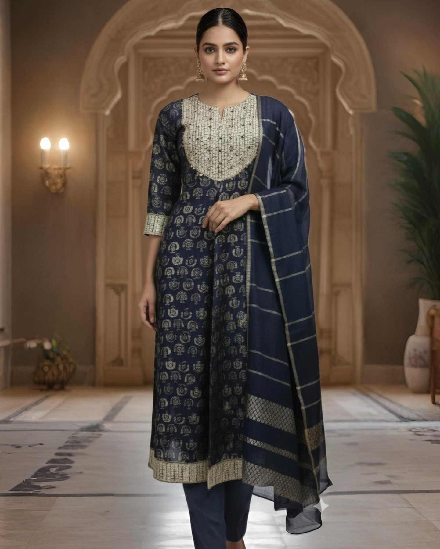 navy blue printed cotton kurta set with matching dupatta