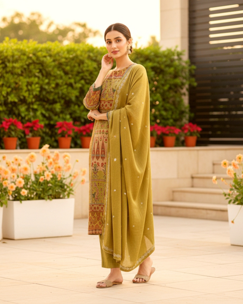 mustard olive green digital print cotton blend suit with pant and a chiffon dupatta