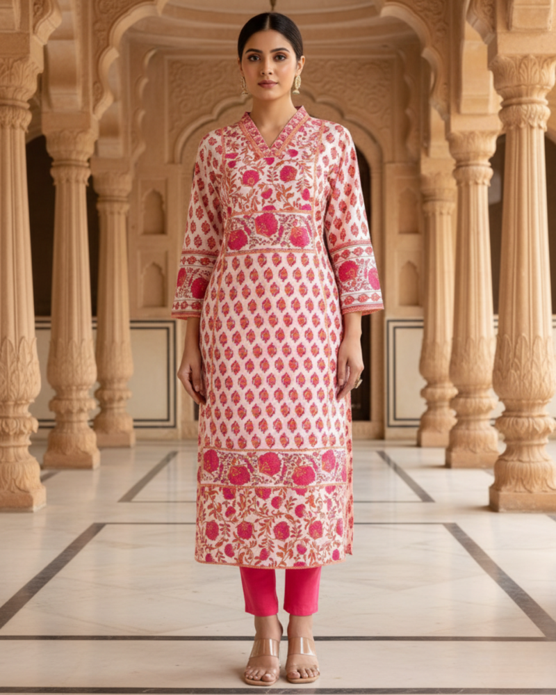 ivory with pink florals cotton kurta