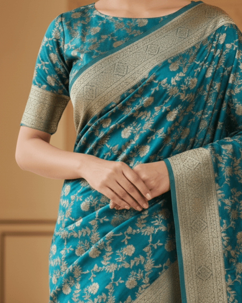 teal blue with silver–gold zari and paisley border banarasi silk saree