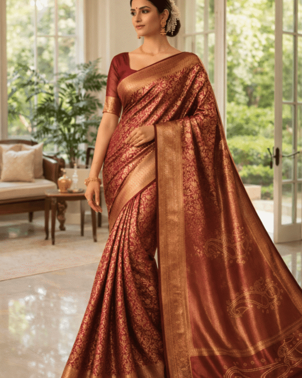 rich maroon banarasi silk saree with intricate gold zari floral work