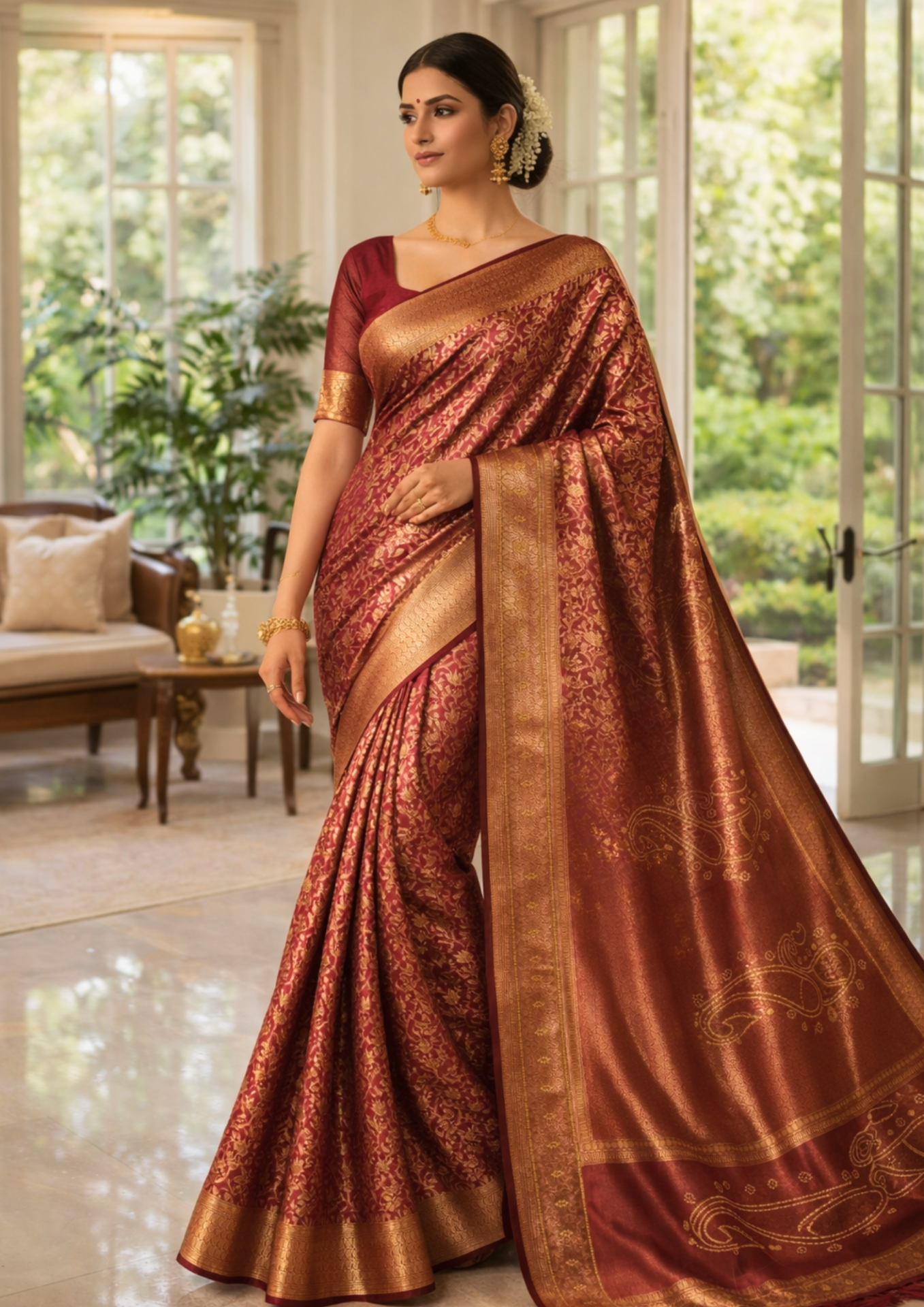 rich maroon banarasi silk saree with intricate gold zari floral work