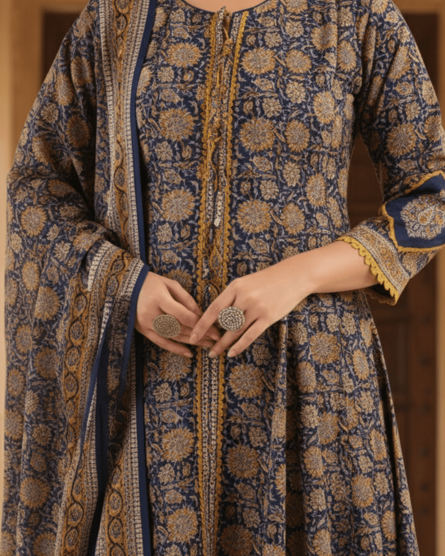 navy and mustard floral handblock sangneri cotton kurta set with lightweight dupatta