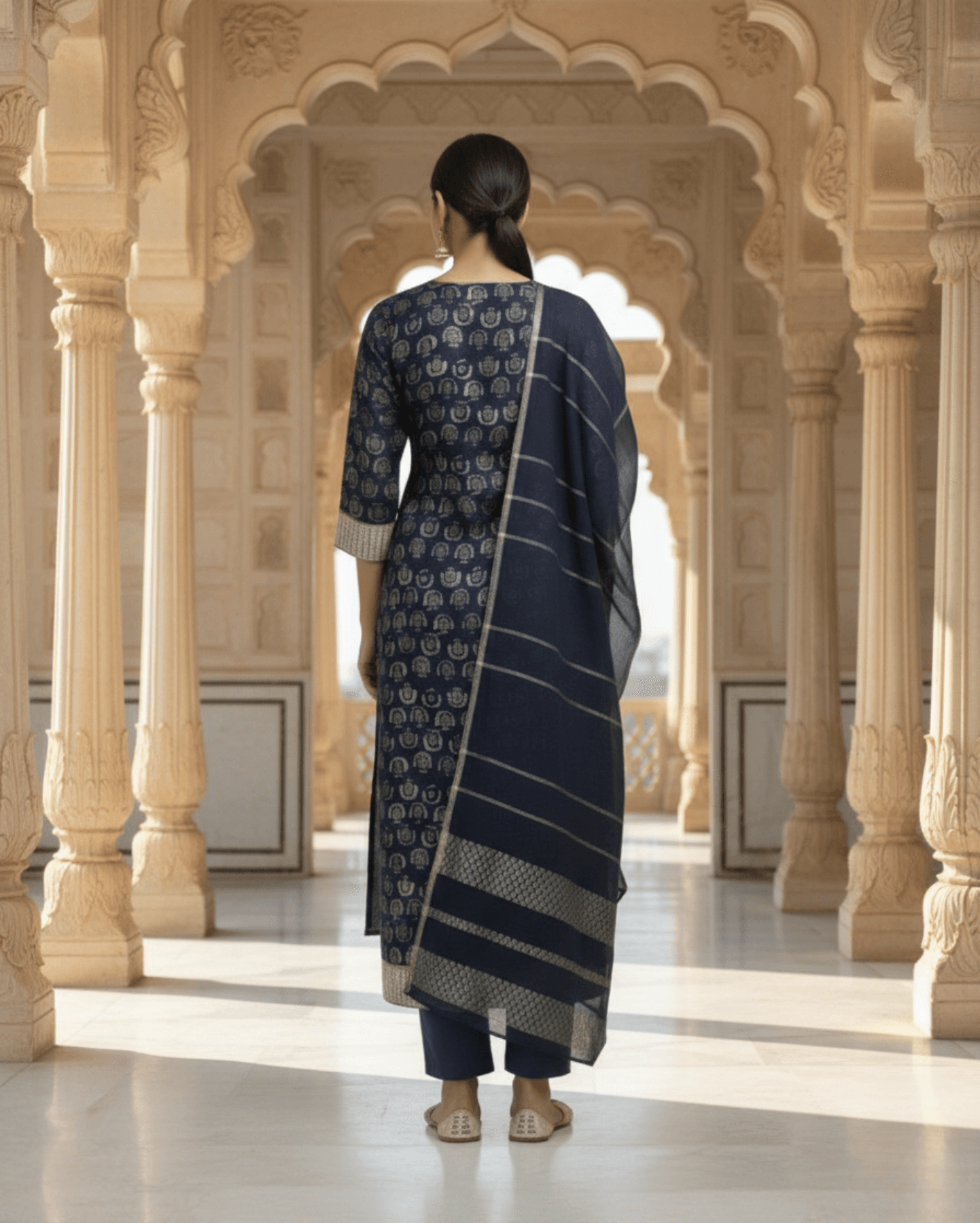 navy blue printed cotton kurta set with matching dupatta