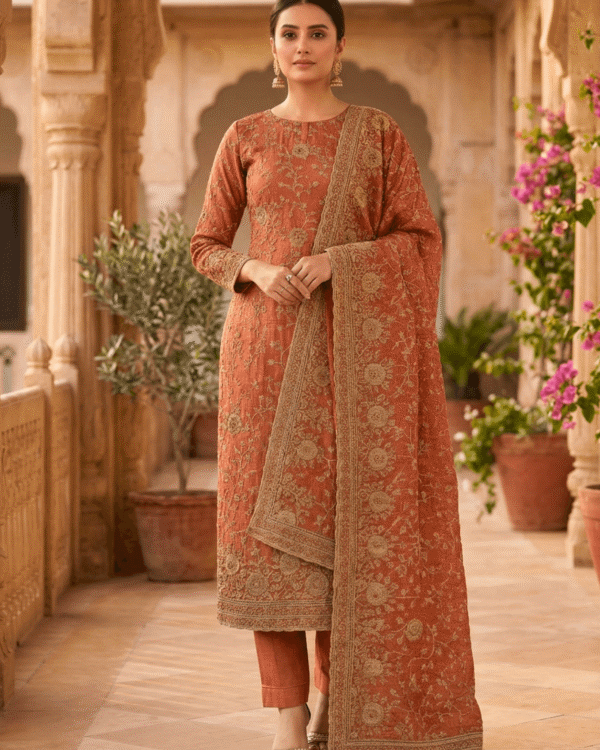 unstitched rose red tissue silk with zari work suit material