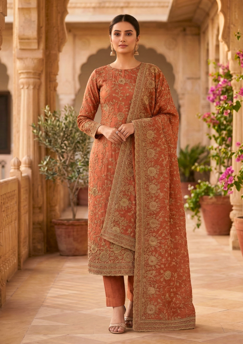 unstitched rose red tissue silk with zari work suit material