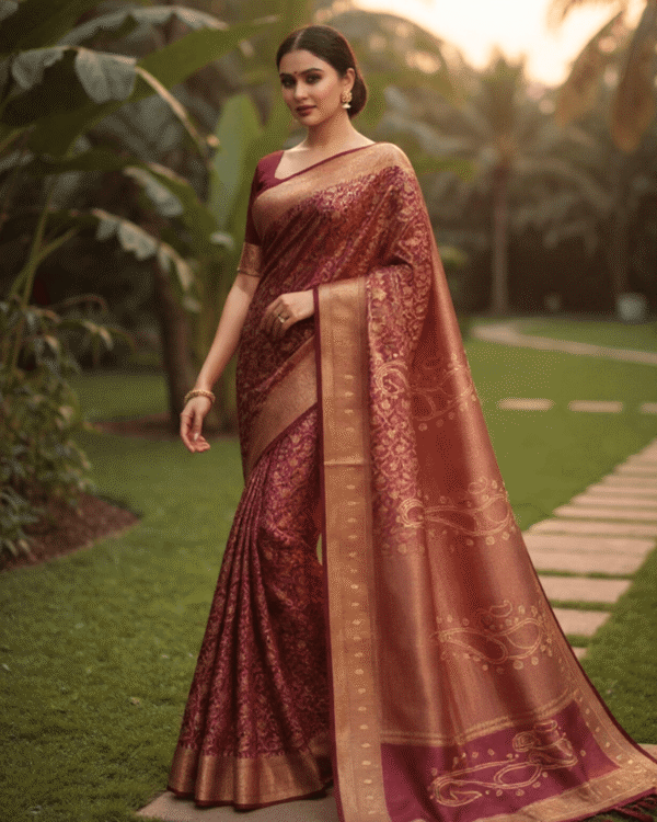 rich maroon banarasi silk saree with intricate gold zari floral work