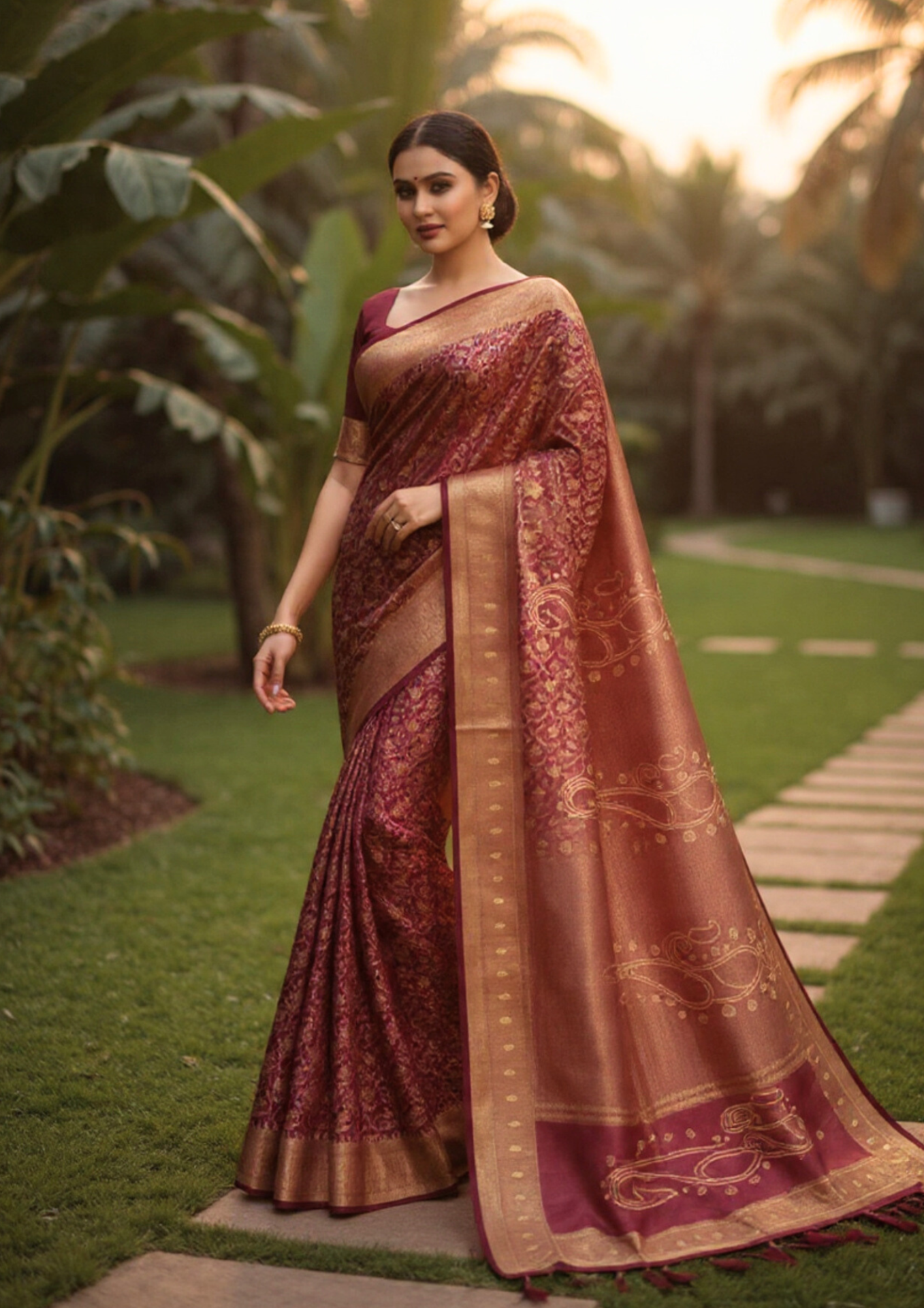 rich maroon banarasi silk saree with intricate gold zari floral work