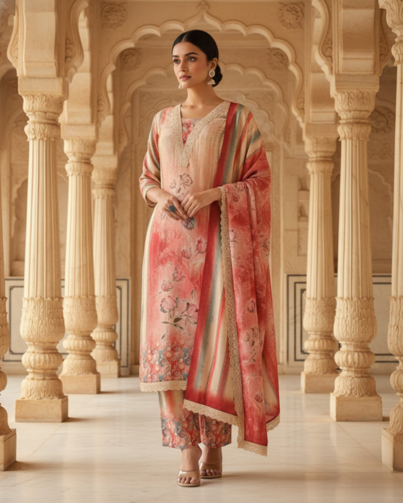 pastel peach cotton mix kurta set with dupatta