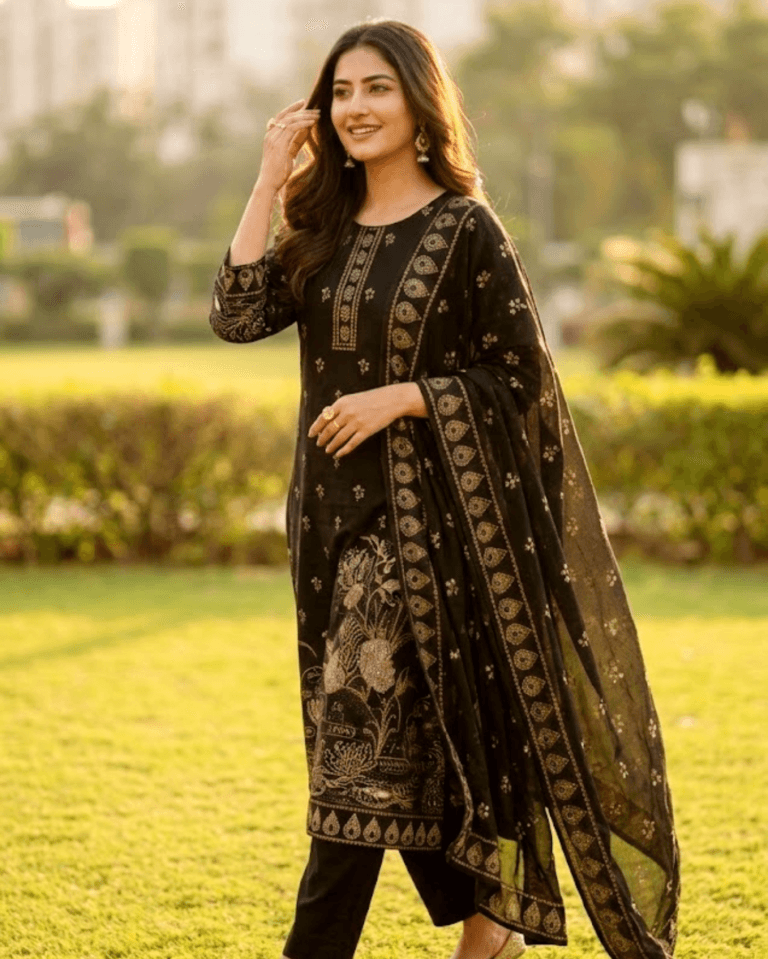 olive beige cotton blend floral kurta set with grey dupatta
