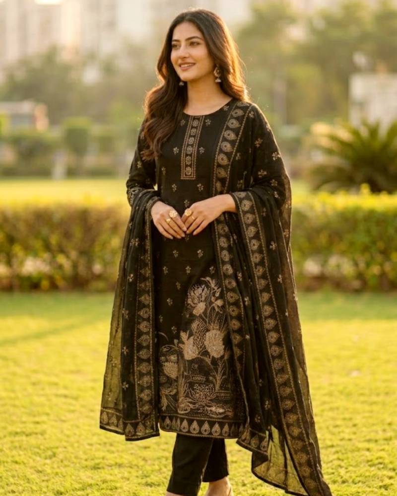 olive beige cotton blend floral kurta set with grey dupatta