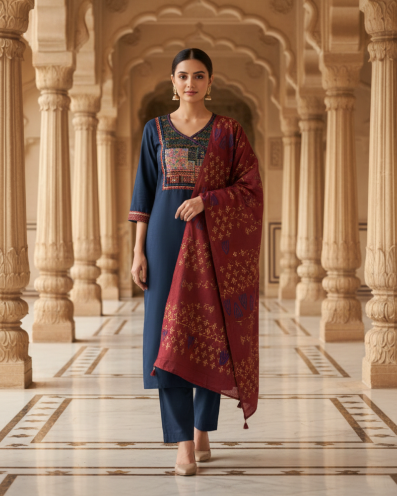 navy blue cotton katha kurta with applique yoke and trousers paired with bagru print dupatta