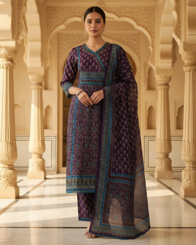 plum floral sangneri printed cotton kurta set with teal borders paired with a lightweight dupatta