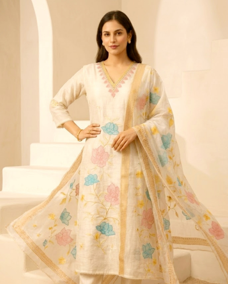 white with delicate pink and blue floral patchwork cotton kurta set with organza dupatta