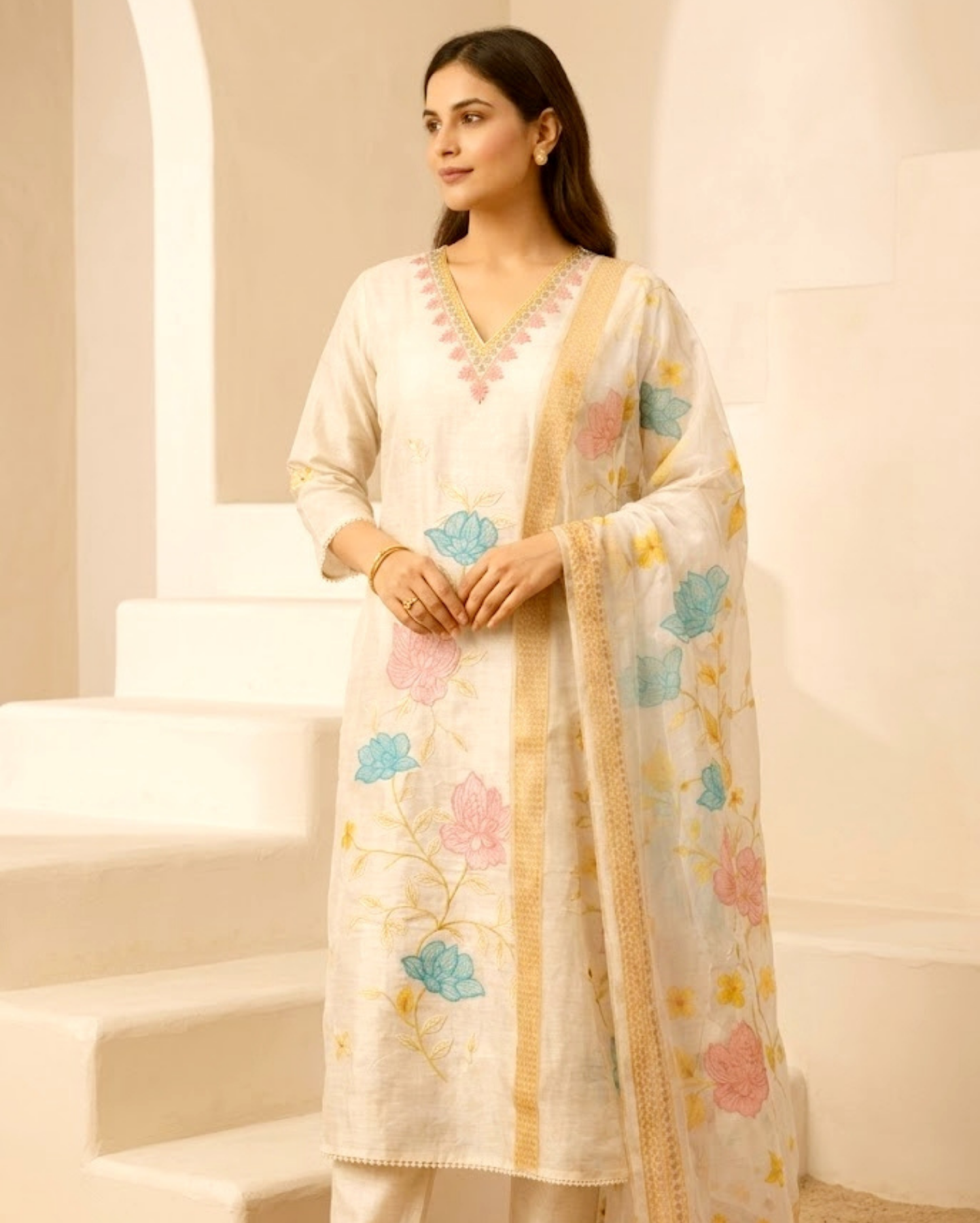 white with delicate pink and blue floral patchwork cotton kurta set with organza dupatta