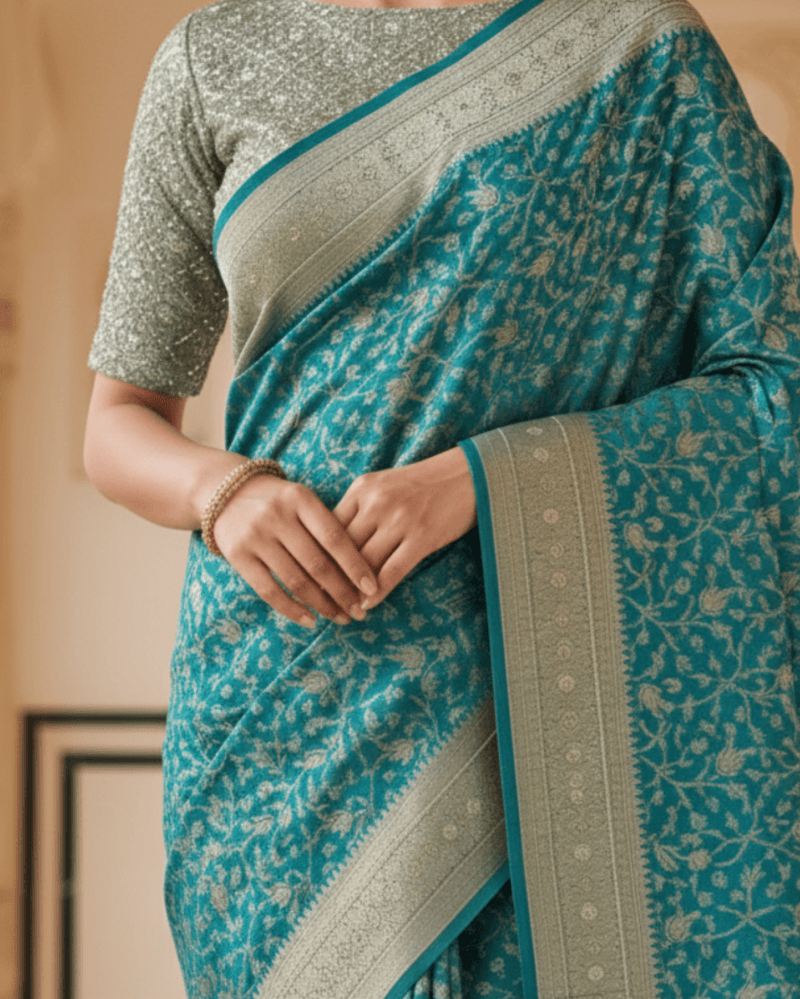 sea green with detailed gold zari work banarasi silk saree