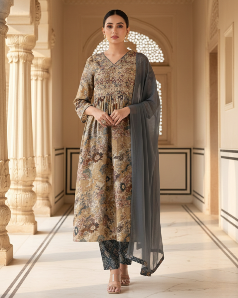 olive beige cotton blend floral kurta set with grey dupatta