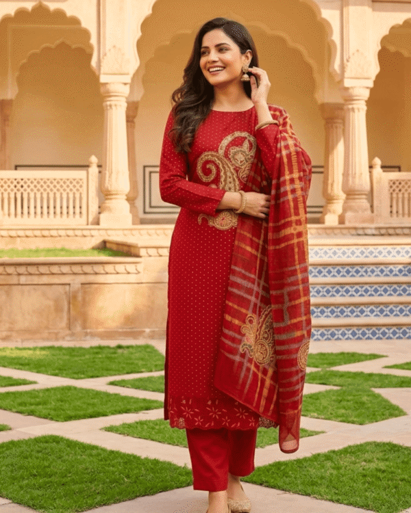 unstitched rich maroon art silk suit with multicoloured paisley applique and mirror handwork detailing