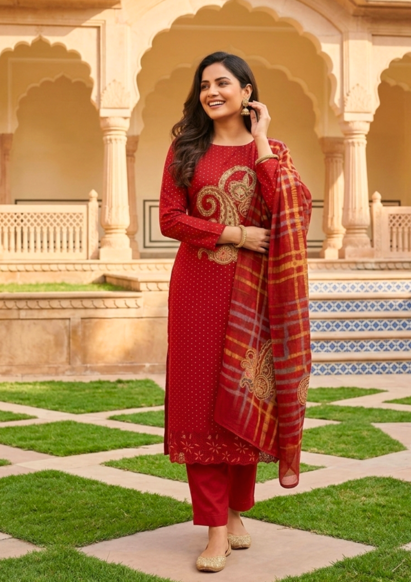 unstitched rich maroon art silk suit with multicoloured paisley applique and mirror handwork detailing