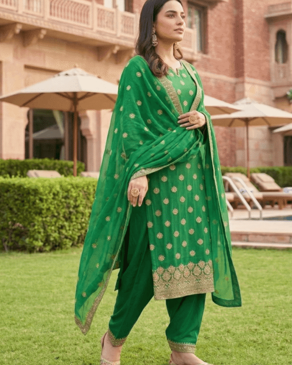unstitched green shimmer silk blend embroidered suit material