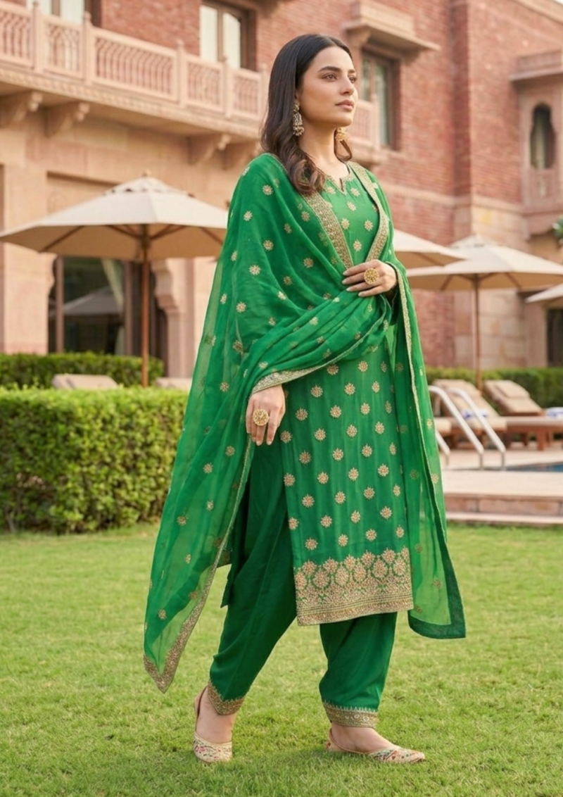 unstitched green shimmer silk blend embroidered suit material
