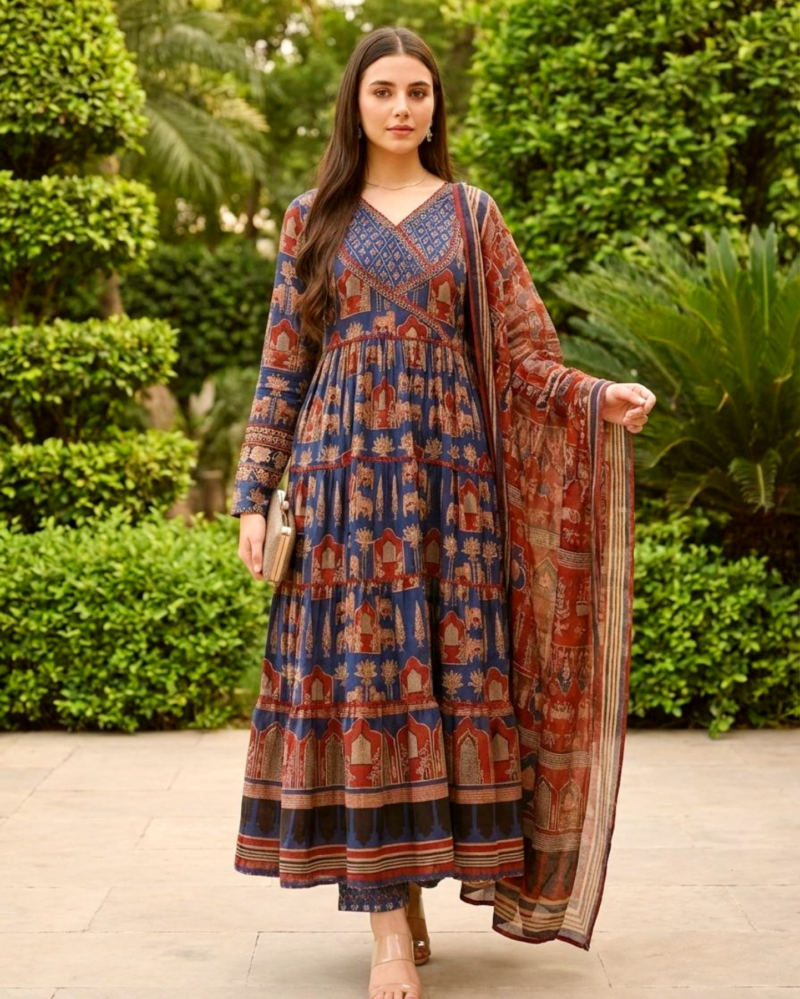 indigo blue & rust red anarkali ajrakh cotton kurta set paired with dupatta