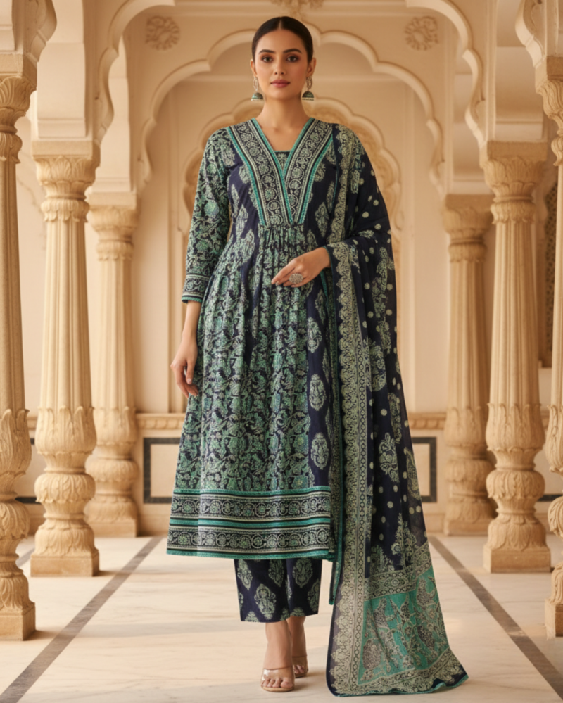 navy blue sangneri print cotton lawn suit set with a coordinated dupatta