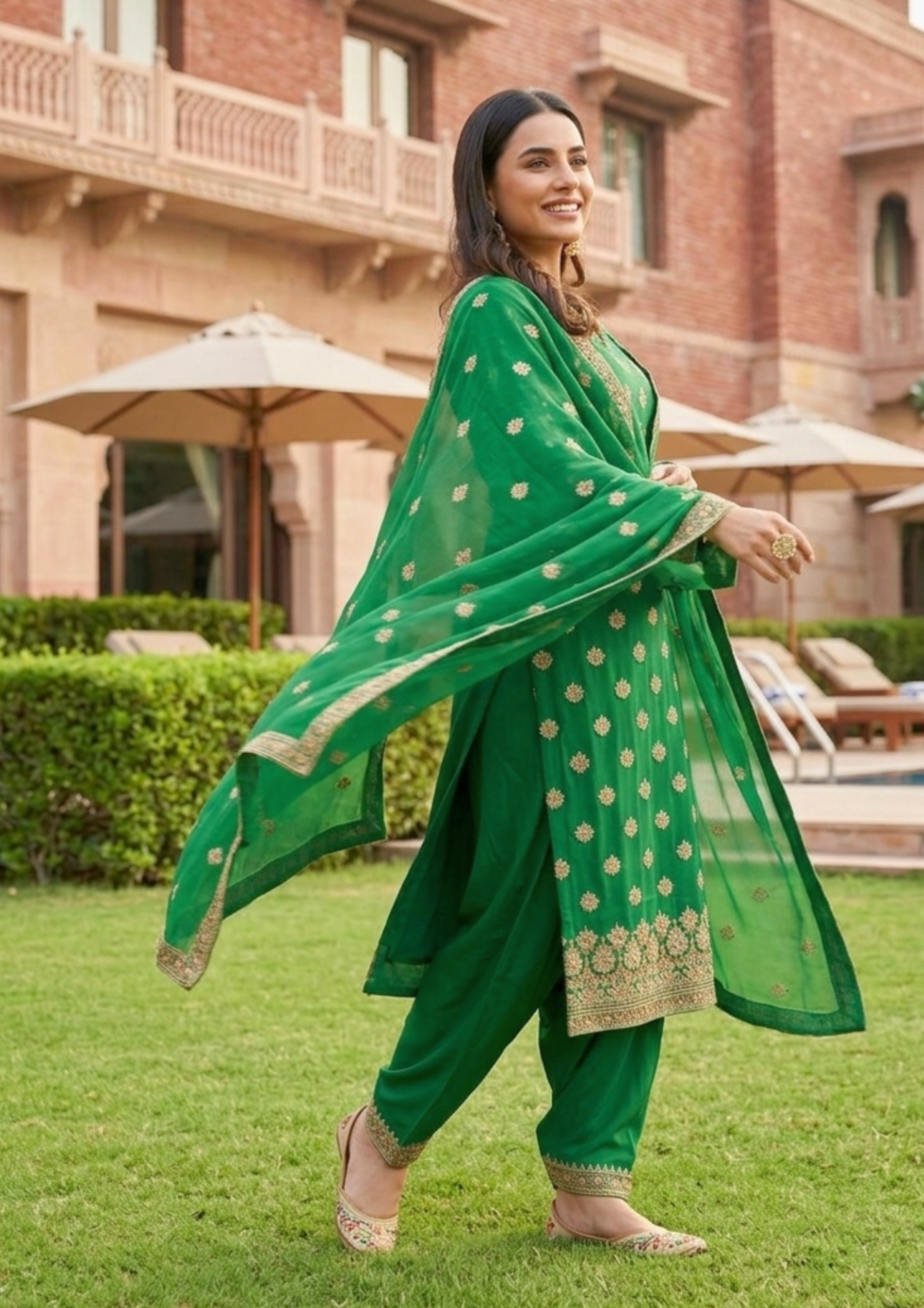 unstitched green shimmer silk blend embroidered suit material
