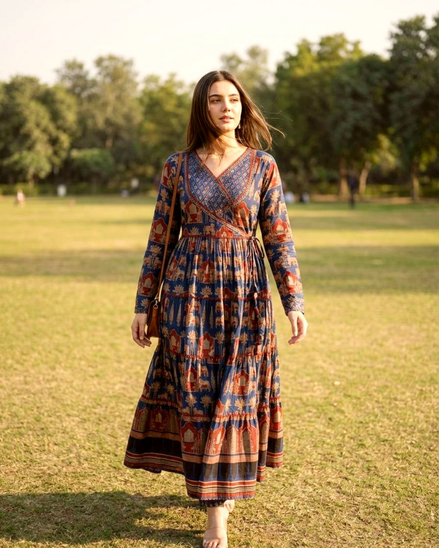 indigo blue & rust red anarkali ajrakh cotton kurta set paired with dupatta