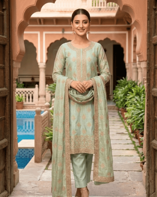 semi stitched soft sea green tissue silk wth a glossy, crinkled texture suit material