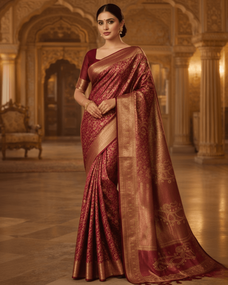 rich maroon with intricate gold zari floral work banarasi silk saree